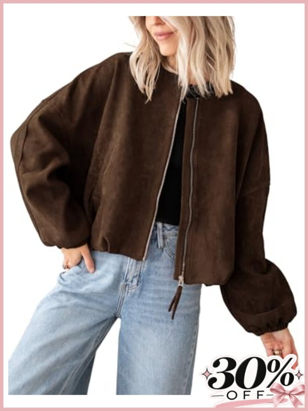 Womens Faux Suede Bomber Jacket Oversized Cropped Zip Up